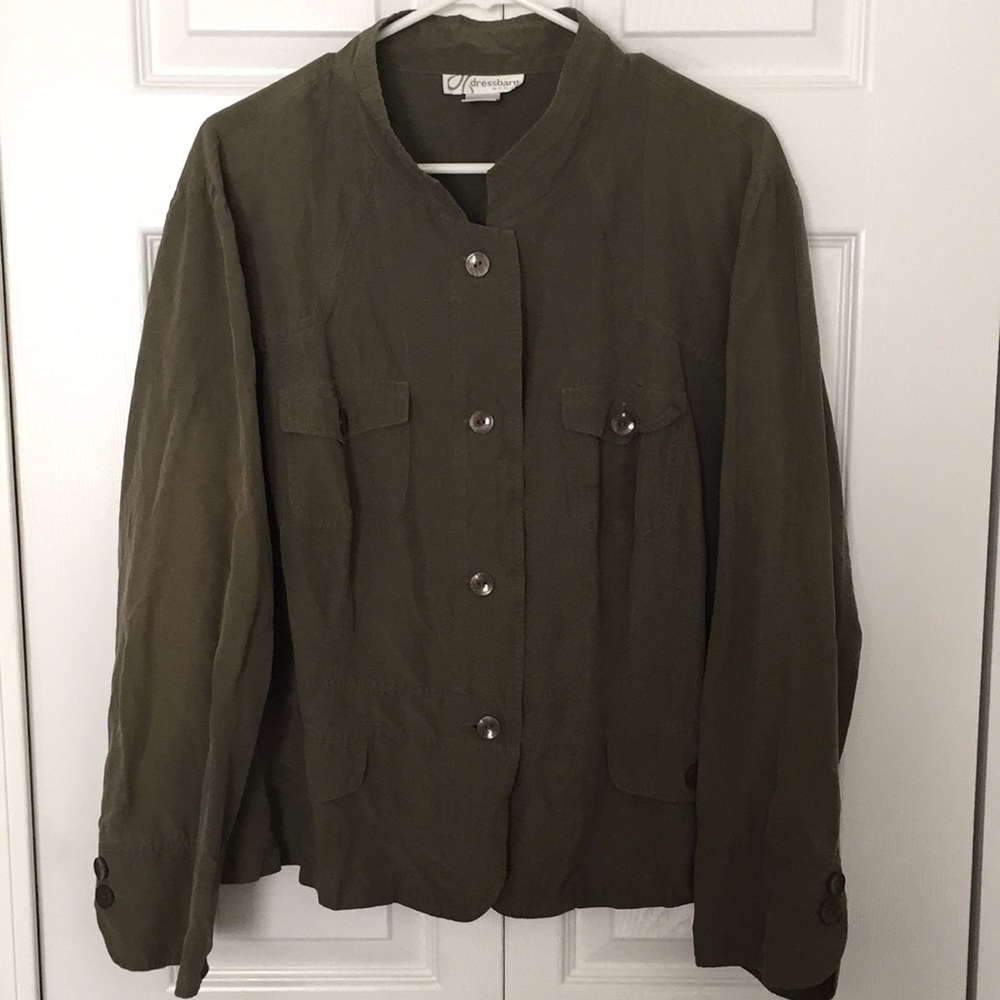 Dress Barn Woman olive green button down shirt